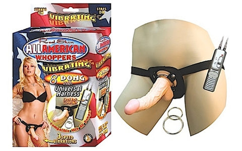 All American Whoppers Vibrating 8" Dong With Unversal Harness - Light