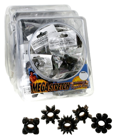 Mega Stretch Silicone Pleasure Rings - Black - 72  Piece Fishbowl