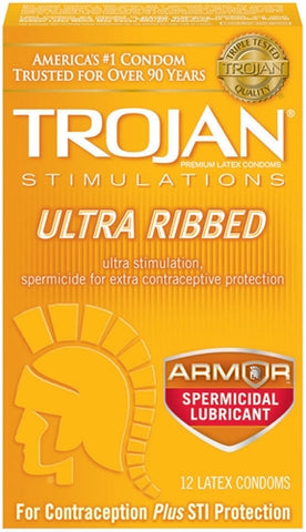 Trojan Stimulations Ultra Ribbed Spermicidal - 12 Pack